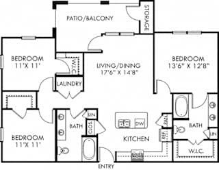 Sequoia. 3 bedroom apartment. Kitchen with island open to living/dinning rooms. 2 full bathrooms, double vanities. Walk-in closet. Patio/balcony.