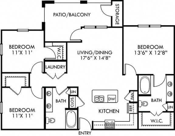 Sequoia. 3 bedroom apartment. Kitchen with island open to living/dinning rooms. 2 full bathrooms, double vanities. Walk-in closet. Patio/balcony.