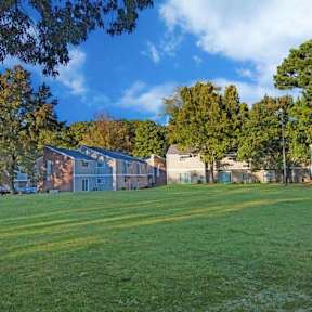 A grassy field with trees and houses in the background.