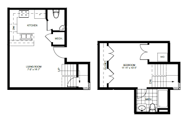 A floor plan of an apartment with two bedrooms and two bathrooms.