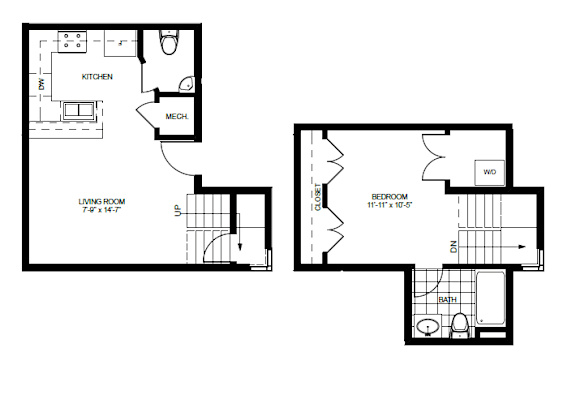 A floor plan of an apartment with two bedrooms and two bathrooms.