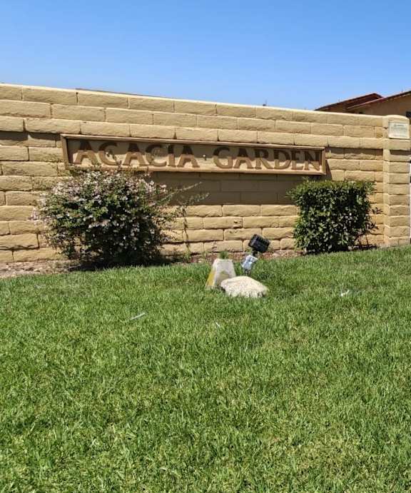 A dog is sitting in the grass in front of a stone wall with a sign that reads "Rosalita's Garden".