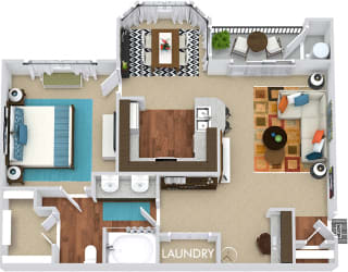 3D Lyndon 1 bedroom apartment. Kitchen with bartop open to living room and dining room with bay window. 1 full bath with double vanity. large walk-in closet. patio/balcony.