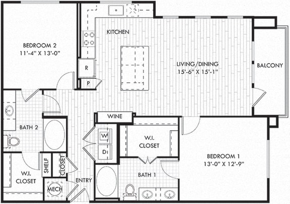 The Howley. 2 bedroom apartment. Kitchen with island open to living/dinning room. 2 full bathrooms, double vanity in master. Walk-in closets. Patio/balcony.