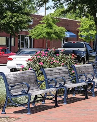 A bench with a planter of flowers on it is in the foreground of a street scene.