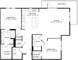 The Whiskey floorplan with 2 bedrooms, 2 baths one with standalone shower. L shaped kitchen with island open to living area