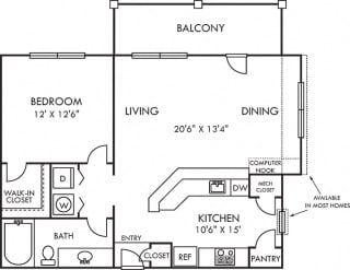 lily 1 bedroom. kitchen with large peninsula island. pantry. kitchen open to living-dining area. expanded living-dining available. coat closet. 1 full bath. Walk-in closet. in-unit laundry
