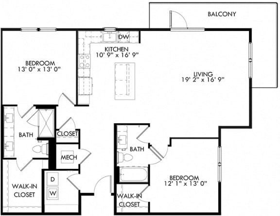 The Whiskey floorplan with 2 bedrooms, 2 baths one with standalone shower. L shaped kitchen with island open to living area