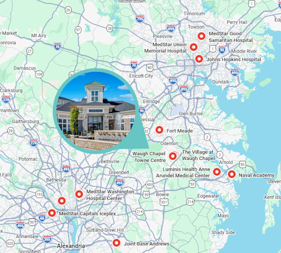A map with red dots marking specific locations, including a hospital and a medical center.