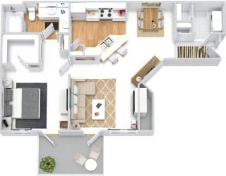 Sweetgrass 3D. 1 bedroom apartment. Kitchen with bartop open to living & dinning rooms. 1 full bathroom, double vanity. Walk-in closet. Patio/balcony. Optional Fireplace.
