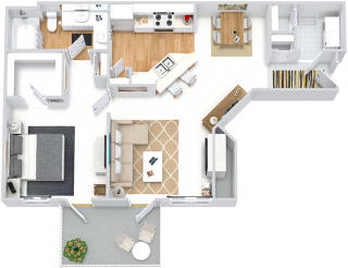 Sweetgrass 3D. 1 bedroom apartment. Kitchen with bartop open to living & dinning rooms. 1 full bathroom, double vanity. Walk-in closet. Patio/balcony. Optional Fireplace.