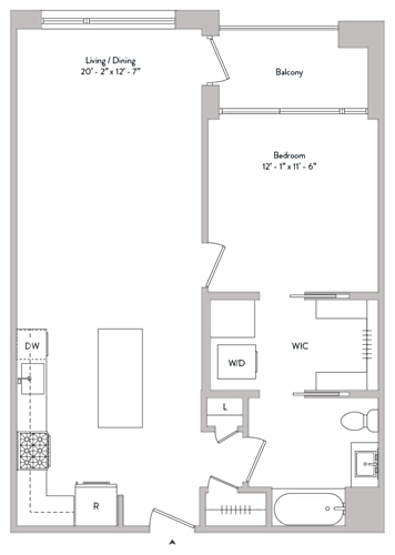 Floor Plan  spacious one bed, built in walk in closet, private balcony, gourmet kitchen