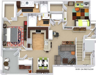 Bridgewater 3D. 2 bedroom apartment. 1st floor entry. Kitchen with bartop open to living/dinning rooms. 2 full bathroom, double vanity in master. Walk-in closet. Patio/balcony.