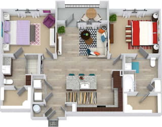 3d Baylor floorplan with L-shaped Kitchen, island, pantry cabinet, open to living, 2 baths with tub and other with shower. Walk-in closets. balcony. in-unit washer/dryer