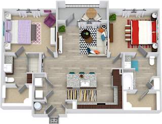 3d Baylor floorplan with L-shaped Kitchen, island, pantry cabinet, open to living, 2 baths with tub and other with shower. Walk-in closets. balcony. in-unit washer/dryer