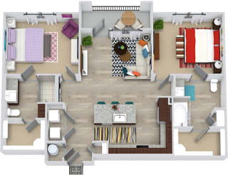 3d Baylor floorplan with L-shaped Kitchen, island, pantry cabinet, open to living, 2 baths with tub and other with shower. Walk-in closets. balcony. in-unit washer/dryer