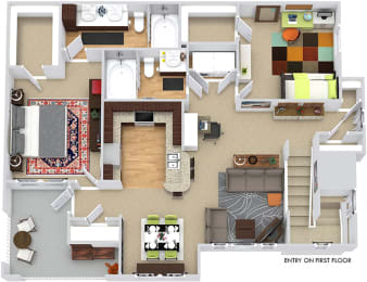 Bridgewater 3D. 2 bedroom apartment. 1st floor entry. Kitchen with bartop open to living/dinning rooms. 2 full bathroom, double vanity in master. Walk-in closet. Patio/balcony.
