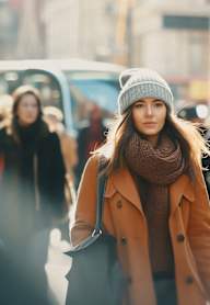 A woman in a brown coat and hat walks down a busy street.