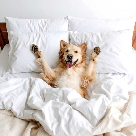 A dog is lying on its back in bed with its paws up in the air.