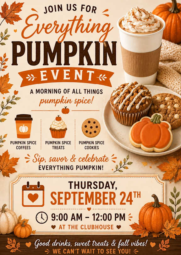A poster advertises an "Everything Pumpkin Event" with pumpkin spice items and a schedule for September 24th.