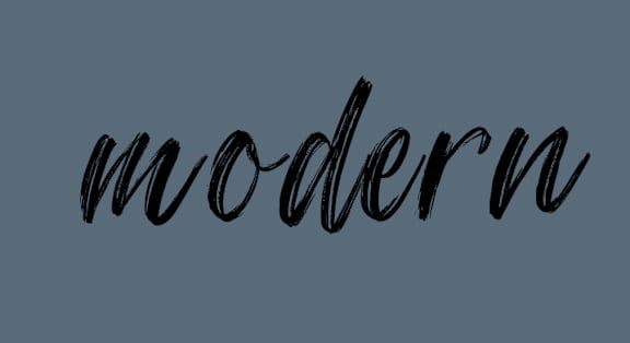 The word "modern" is written in a cursive, black font on a grey background.