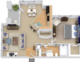 Ashford 3D. 1 bedroom apartment. Kitchen with bartop open to living/dinning rooms. 1 full bathroom. Walk-in closet. Patio/balcony.