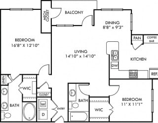 Rainey 2 bedroom apartment. Kitchen with bartop open to living & dining rooms. Coffee bar in kitchen. 2 full bathrooms, double vanity in master. Walk-in closet in both bedrooms. Patio/balcony.