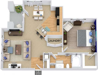 Ashford 3D. 1 bedroom apartment. Kitchen with bartop open to living/dinning rooms. 1 full bathroom. Walk-in closet. Patio/balcony.