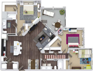 The Vulcan 3D. 3 bedroom apartment. Kitchen with island open to living/dinning rooms. 2 full bathrooms, double vanity in master. Walk-in closets. Patio/balcony.