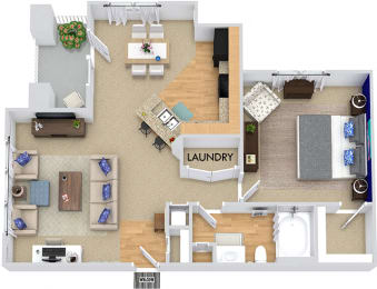 Ashford 3D. 1 bedroom apartment. Kitchen with bartop open to living/dinning rooms. 1 full bathroom. Walk-in closet. Patio/balcony.