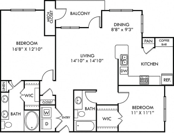 Rainey 2 bedroom apartment. Kitchen with bartop open to living & dining rooms. Coffee bar in kitchen. 2 full bathrooms, double vanity in master. Walk-in closet in both bedrooms. Patio/balcony.