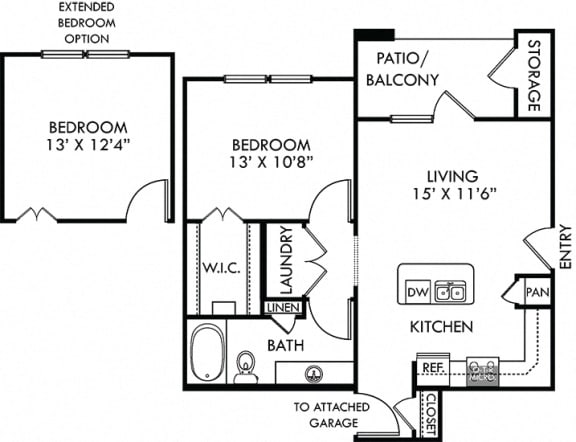 Sedona with Attached Garage. 1 bedroom apartment. Kitchen with island open to living room. 1 full bathroom. Walk-in closet. Patio/balcony.