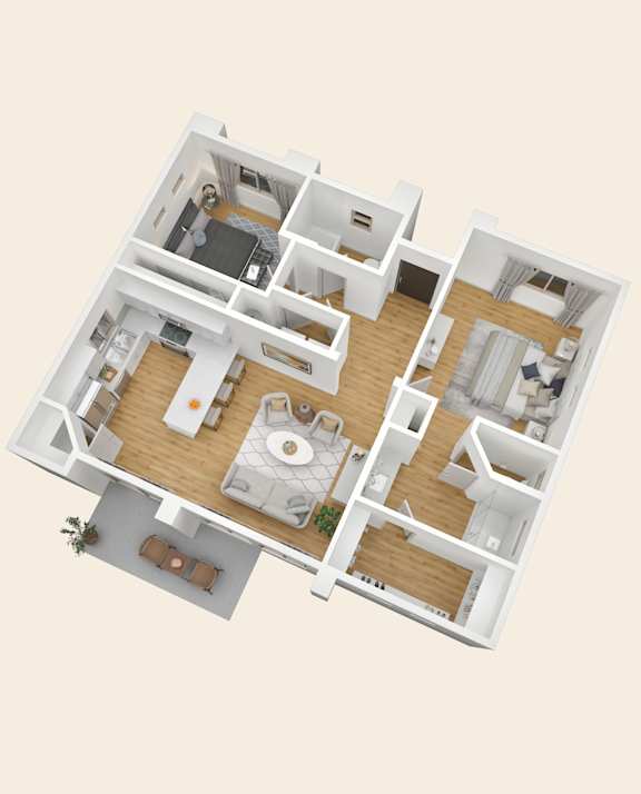 A 3D floor plan of a house with multiple rooms.