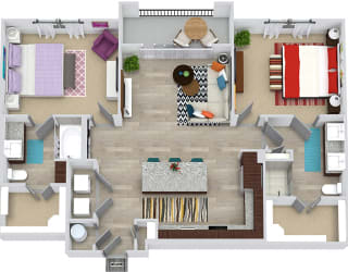 3D Brooks 2 bedroom apartment floor plan with entry closet, L-shaped kitchen with Island and pantry cabinet, open to living area, 2 bathrooms one with tub one with shower and double sinks. washer/dry.