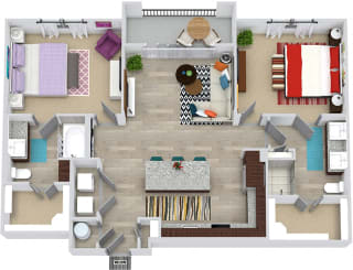 3D Brooks 2 bedroom apartment floor plan with entry closet, L-shaped kitchen with Island and pantry cabinet, open to living area, 2 bathrooms one with tub one with shower and double sinks. washer/dry.