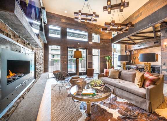 Lounge Area With Fireplace at Aviator West 7th, Texas, 76107