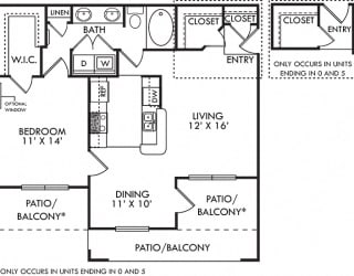 Amberley. 1 bedroom apartment. Kitchen with bartop open to living/dinning rooms. 1 full bathroom, double vanity. Walk-in closet. Patio/balcony.
