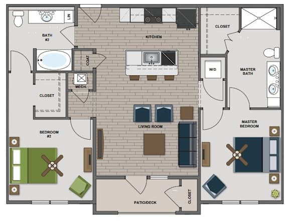 A floor plan of a house with a living room, two bedrooms, a bathroom, a kitchen, a pantry, a coat closet, and a master bath.