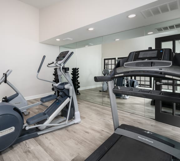 a gym with cardio equipment and a flat screen tv