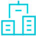 A blue icon of a building with three sections.