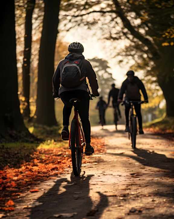 a group of people riding bikes down a path