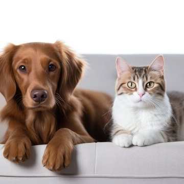 A dog and a cat are sitting on a couch.