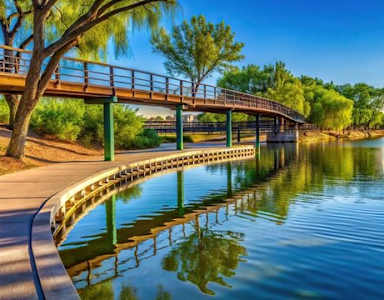 A serene river with a bridge and trees on the banks.