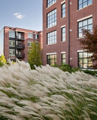 a fountain of grass in front of a brick building at The Sheffield Englewood, Englewood, NJ