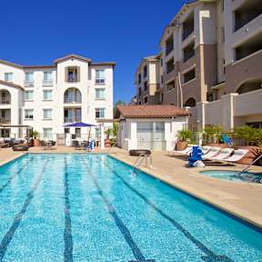 A large swimming pool at Torrey Gardens Apartments, San Diego California