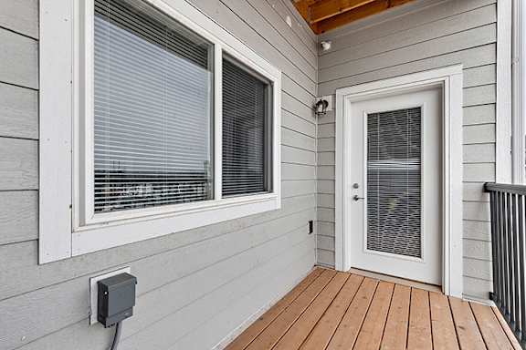 A wooden deck at Red Rock Apartments, Rapid City, South Dakota