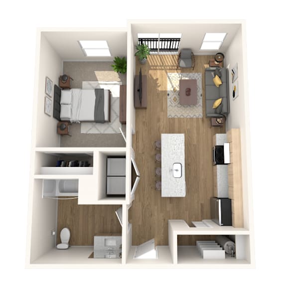 A 3D rendered image of a small apartment with a bedroom and a living room.