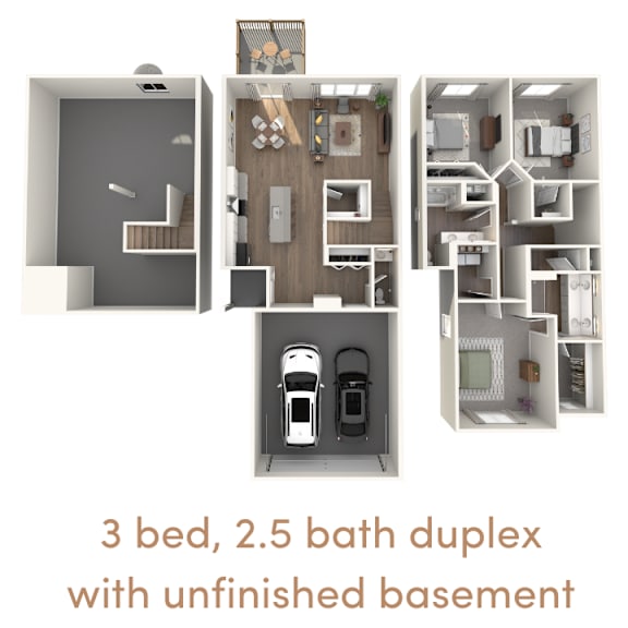 A 3 bedroom, 2.5 bathroom duplex with an unfinished basement.