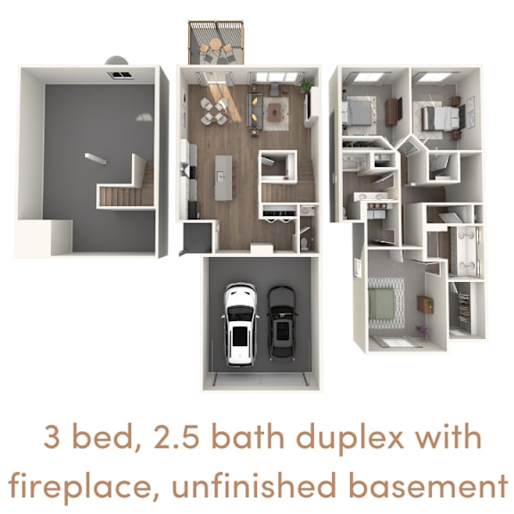 A 3 bedroom, 2.5 bathroom duplex with a fireplace and an unfinished basement.
