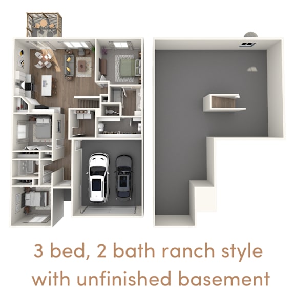 A 3 bedroom, 2 bathroom ranch style house with an unfinished basement.